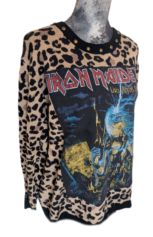 Womens reworked leopard sweater with Iron Maiden - size womens XXL