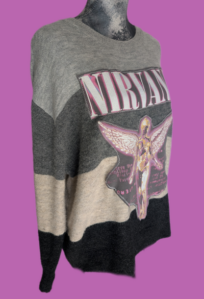 Upcycled super soft sweater with Nirvana- womens L