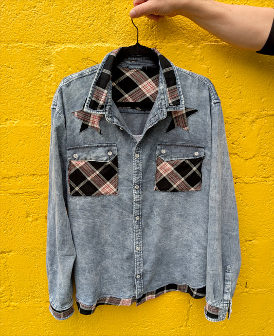 Gender neutral Dolly Parton denim button up- size women's XL/ Men's L