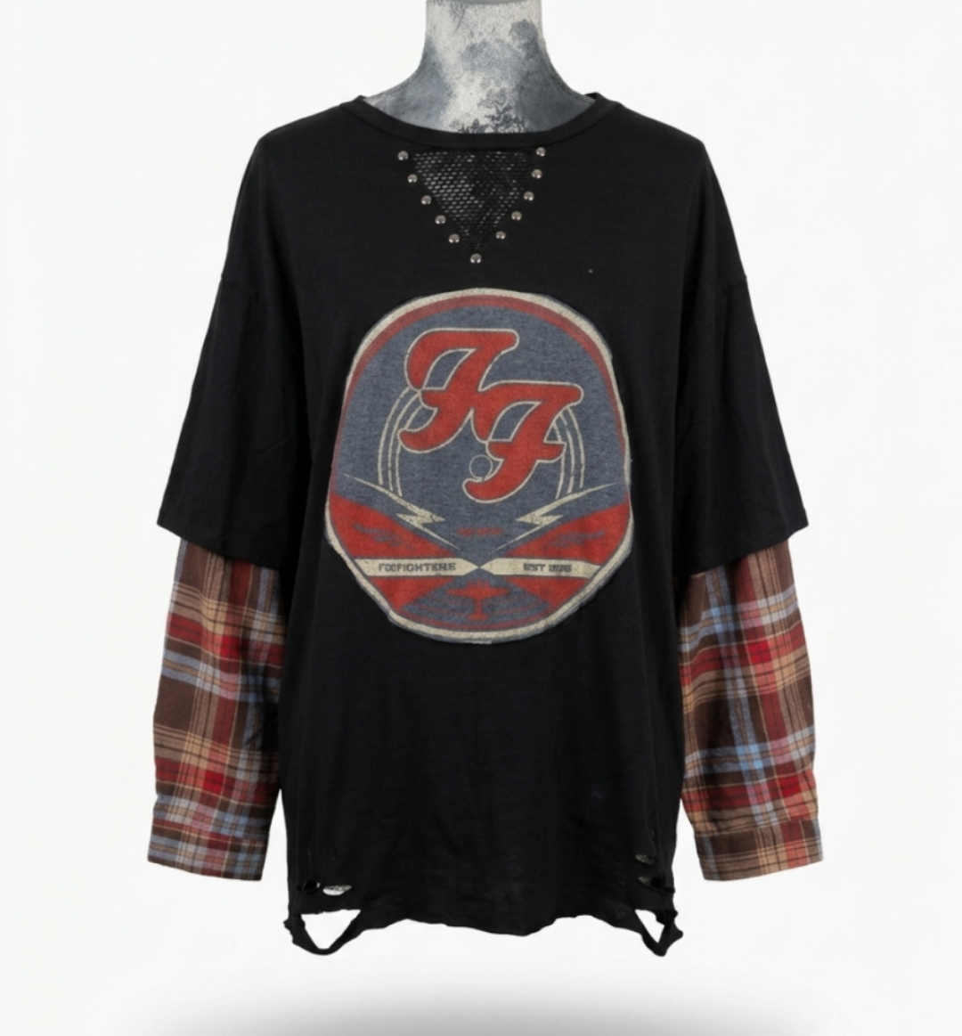 Womens upcycled FOO FIGHTERS layered top- XL-XXL fit
