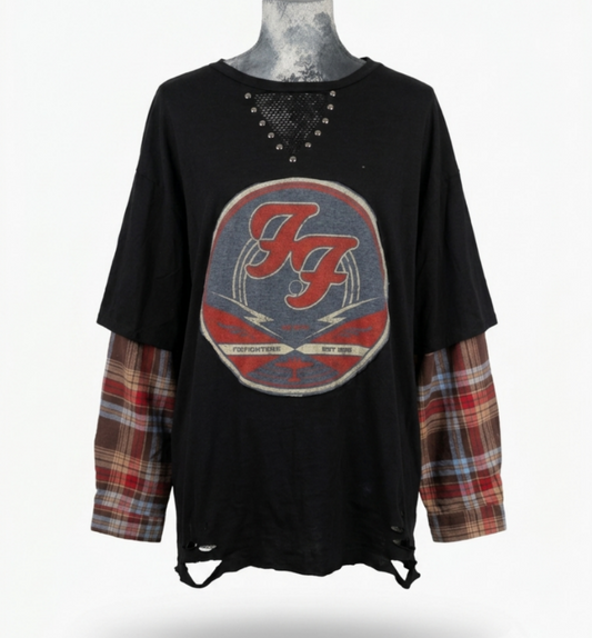 Womens upcycled FOO FIGHTERS layered top- XL-XXL fit