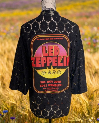Womens black lace LED ZEPPELIN kimono top- size Medium