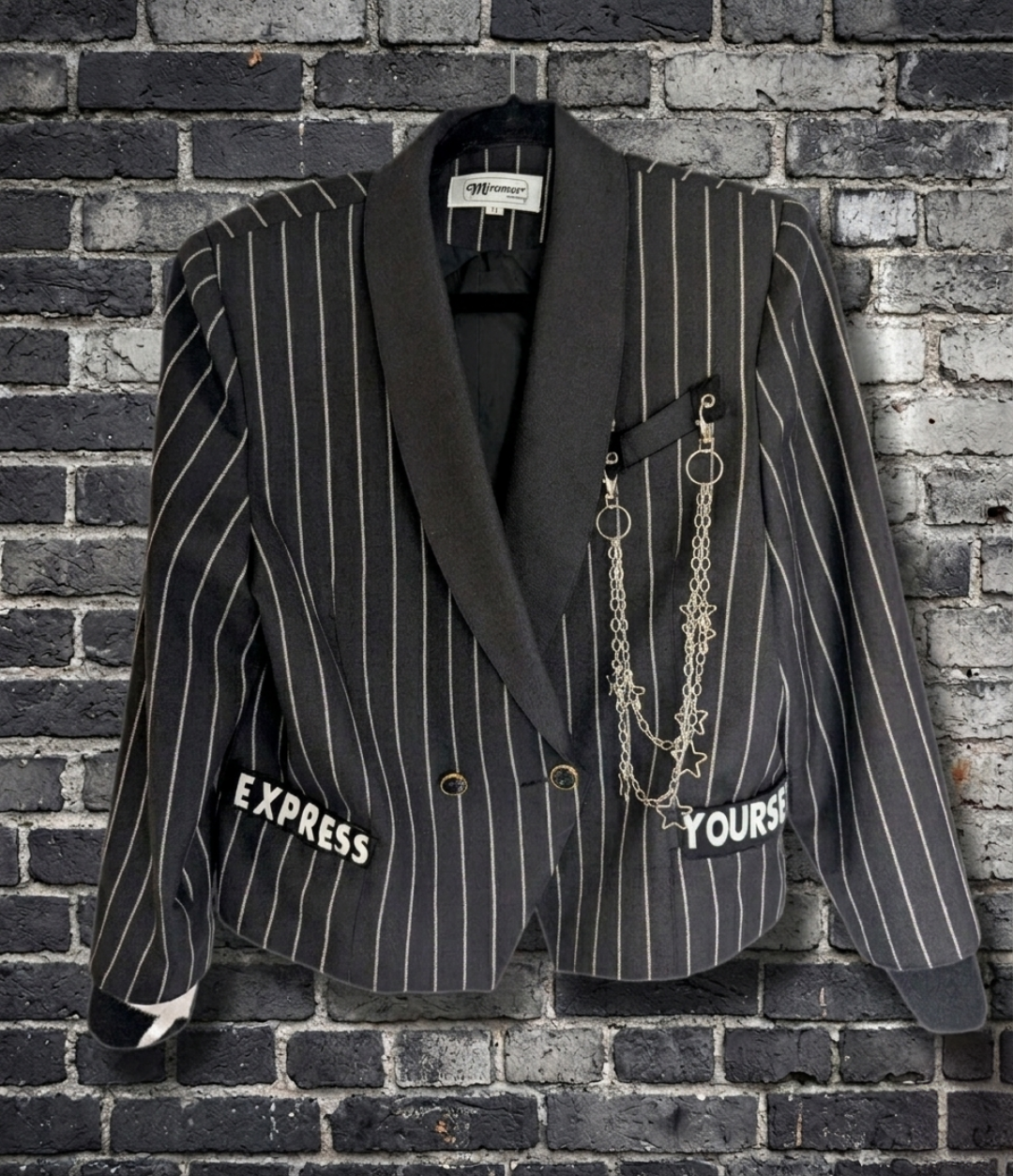 Womens vintage pinstripe blazer with MADONNA Express Yourself - size Large 10/11