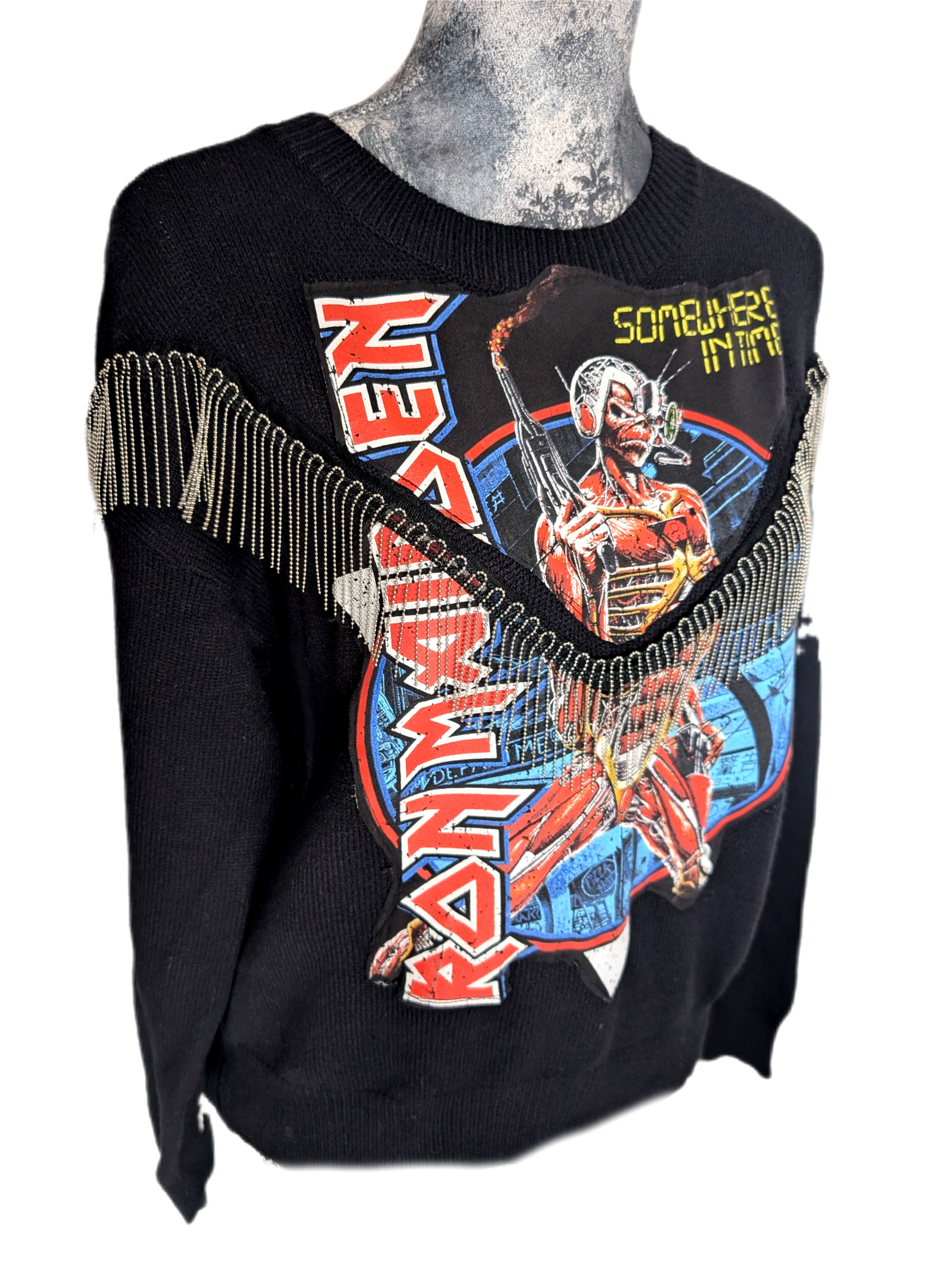 Womens Iron Maiden sweater with chain fringe- MEDIUM