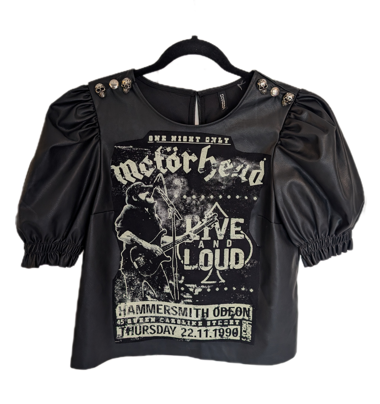 Womens faux leather stretch top with Motorhead -size Med