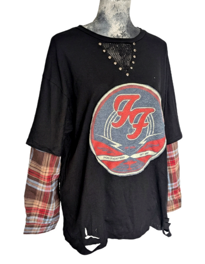 Womens upcycled FOO FIGHTERS layered top- XL-XXL fit