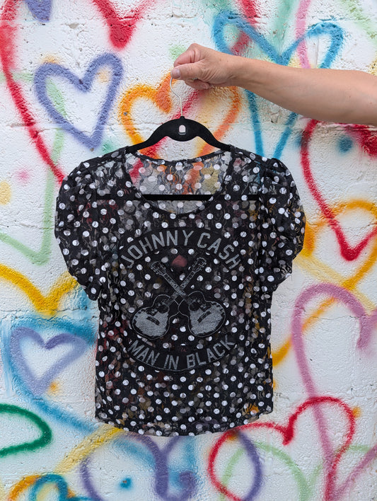 Womens sheer polka dot Johnny Cash top- size Medium