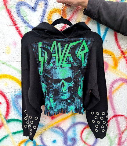 Womens hooded Slayer sweater with grommet sleeves- size womens MEDIUM