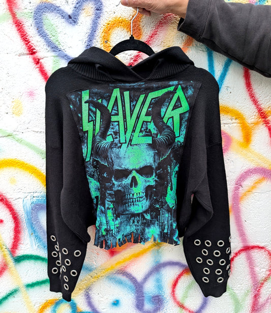 Womens hooded Slayer sweater with grommet sleeves- size womens MEDIUM