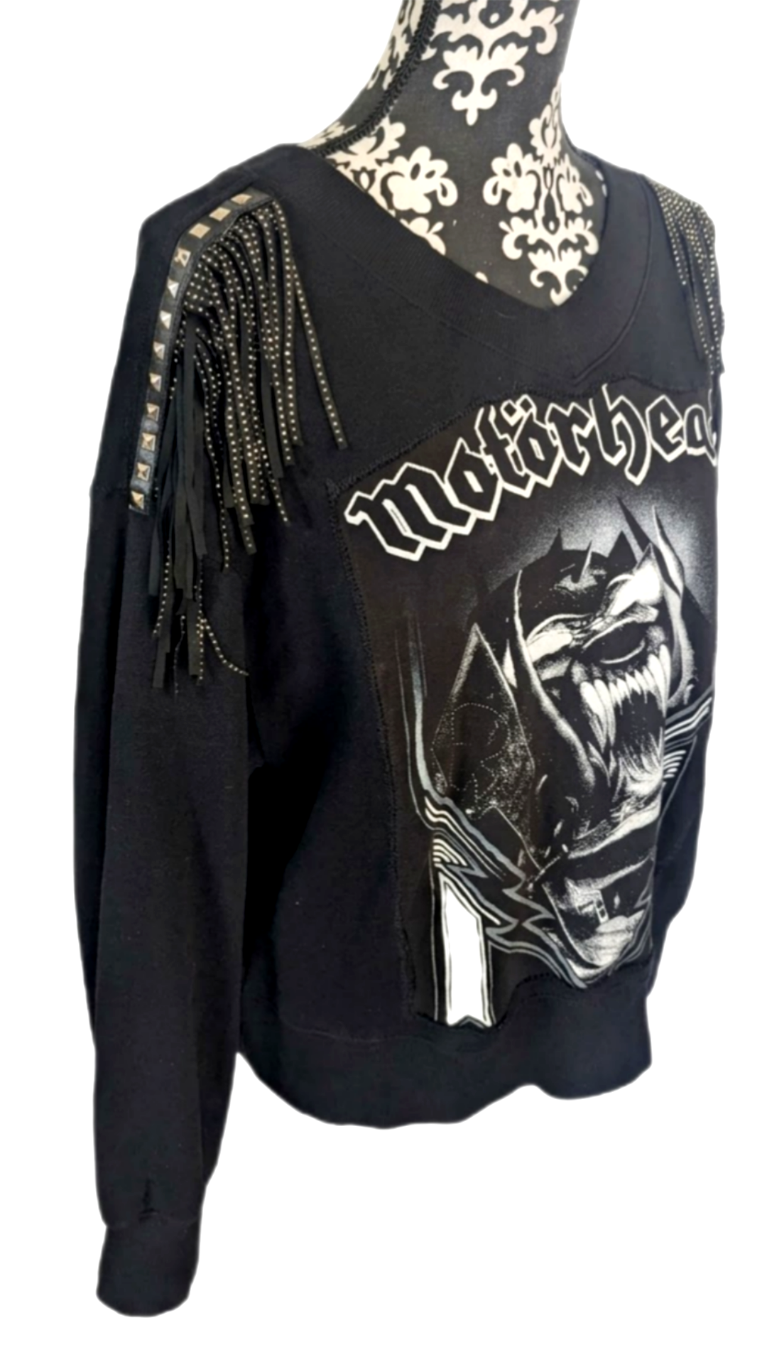 Womens Motörhead v neck sweatshirt with studded fringe - size Large