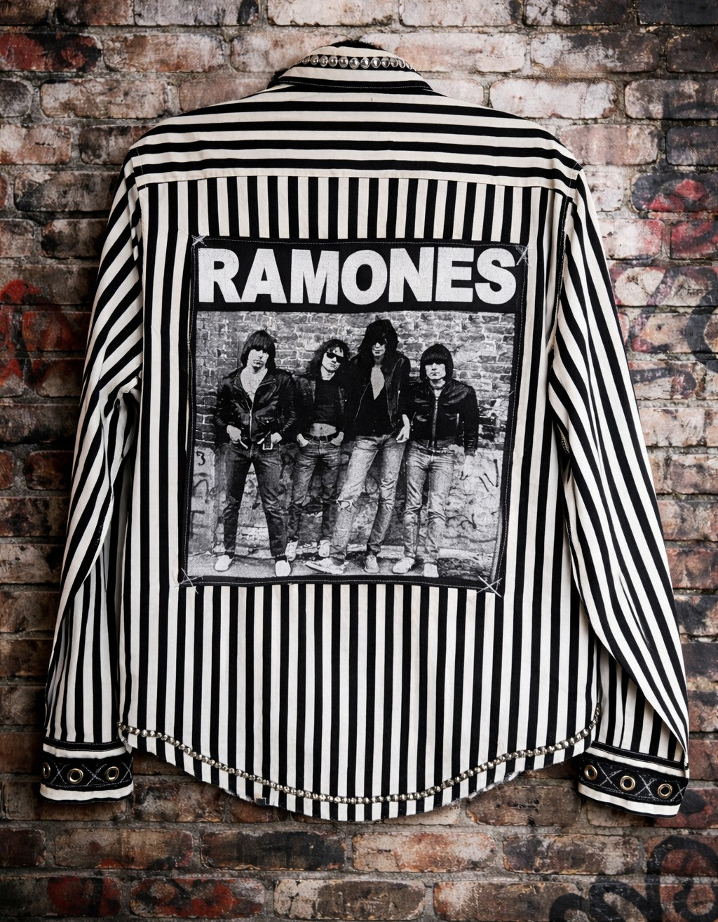 Gender neutral upcycled Punk Rock striped button up with Ramones- womens L men's M