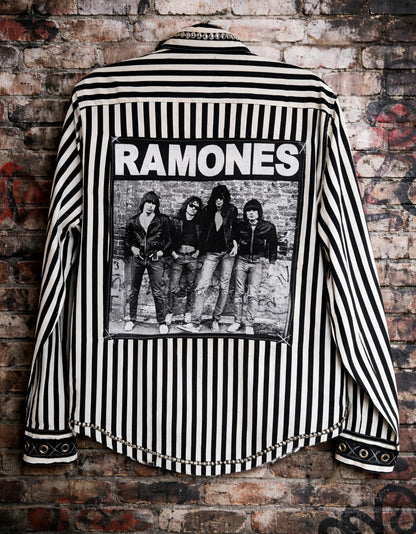Gender neutral upcycled Punk Rock striped button up with Ramones- womens L men's M