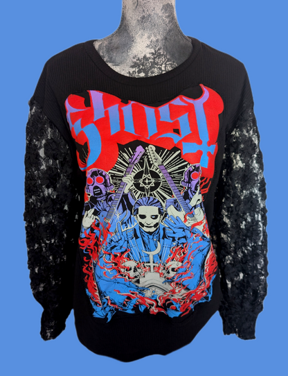 Womens GHOST sweater with flower lace sleeves- size Large