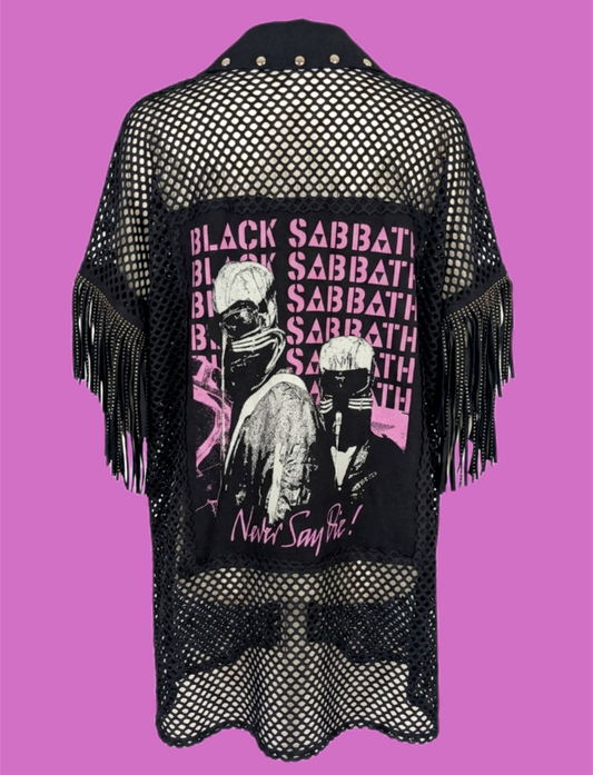 Womens mesh button up top with BLACK SABBATH and fringe sleeves- size O/S