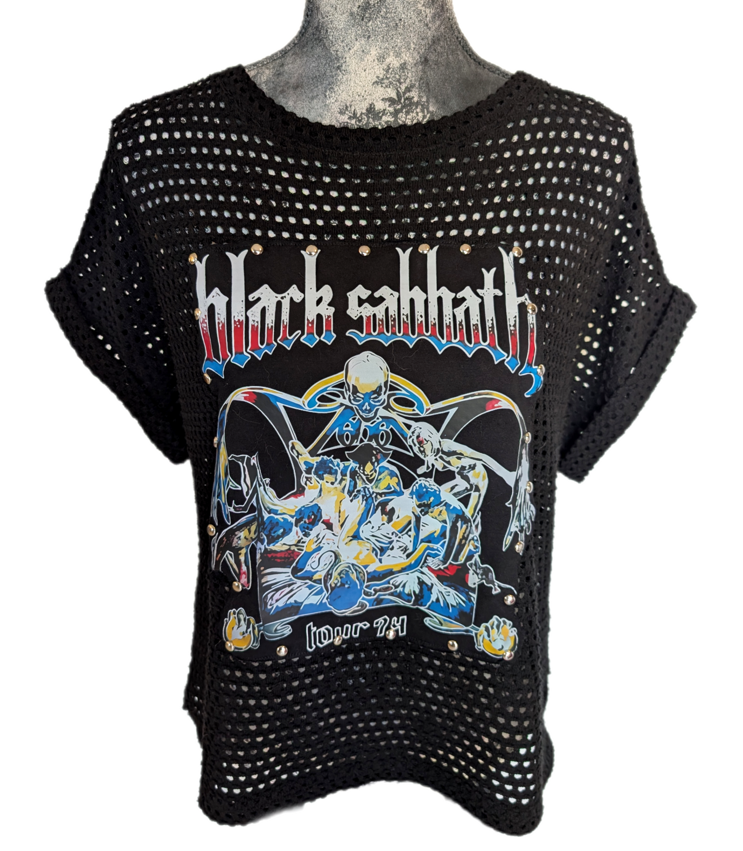 Womens black mesh style Black Sabbath sweater- size Large