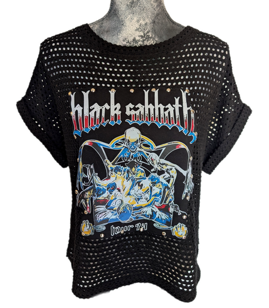 Womens black mesh style Black Sabbath sweater- size Large