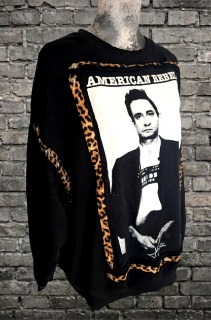 Womens Johnny Cash reworked sweatshirt with leopard- size L/ XL fit