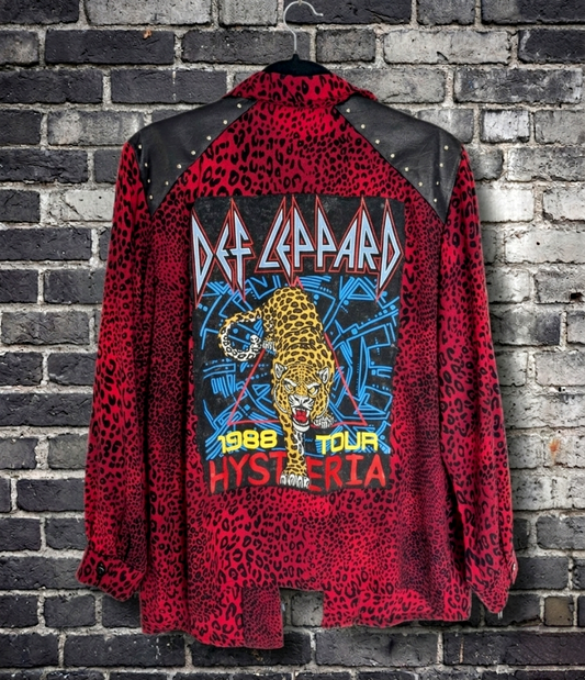 Womens vintage red leopard button up with DEF LEPPARD back patch- size L