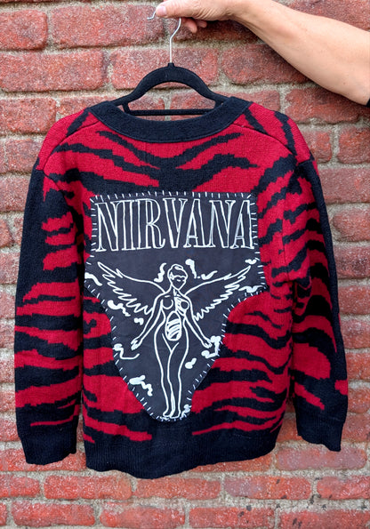 Womens Nirvana red and black zebra stripe cardigan- size Large