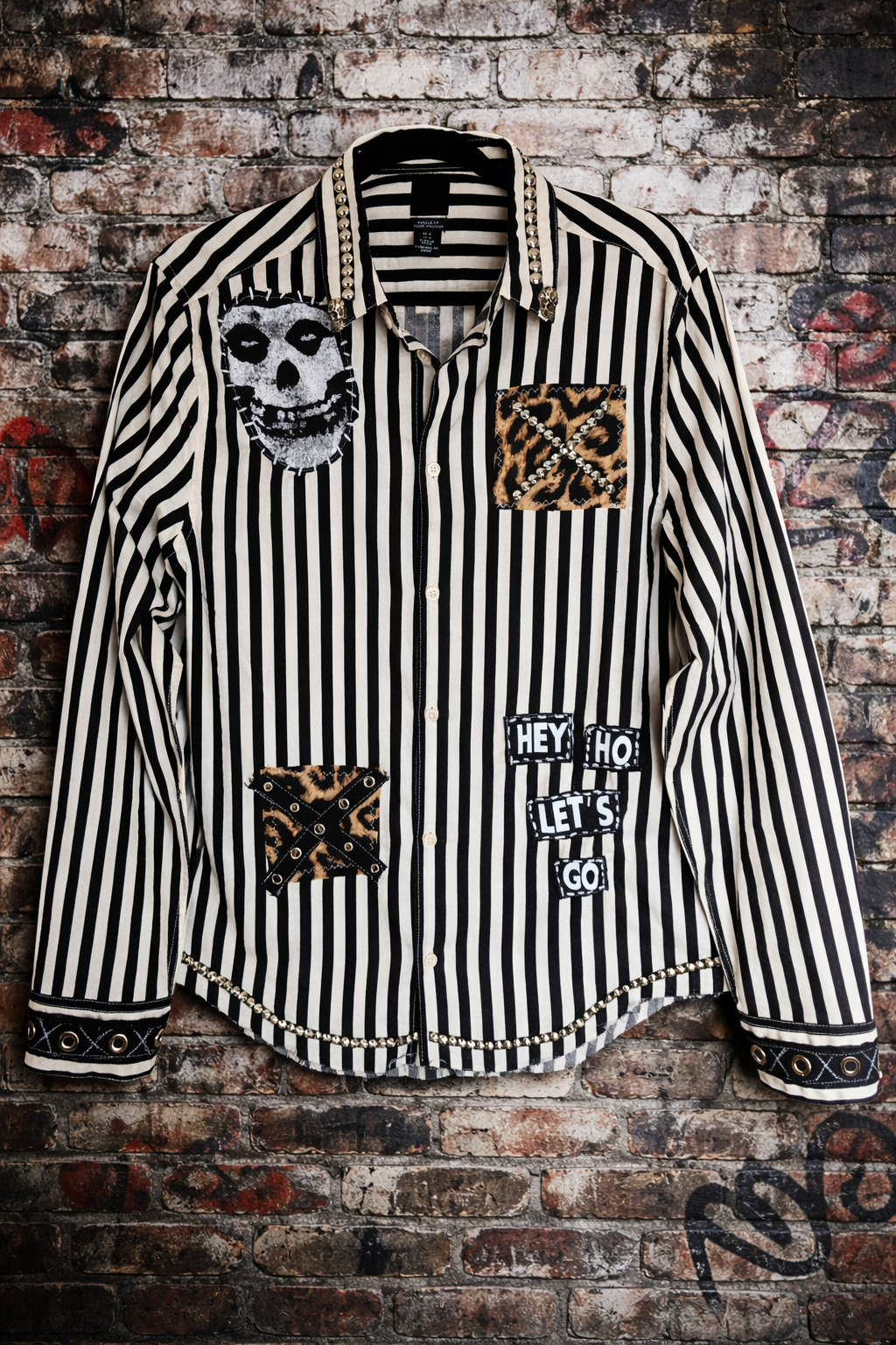 Gender neutral upcycled Punk Rock striped button up with Ramones- womens L men's M