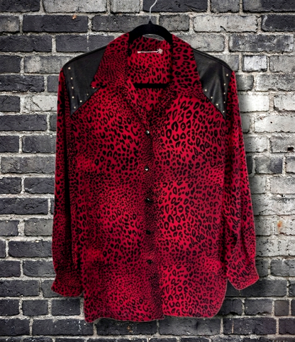 Womens vintage red leopard button up with DEF LEPPARD back patch- size L
