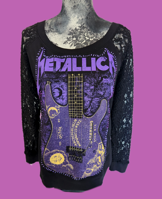 Womens reworked lace sleeve top with Metallica patch- size 1X