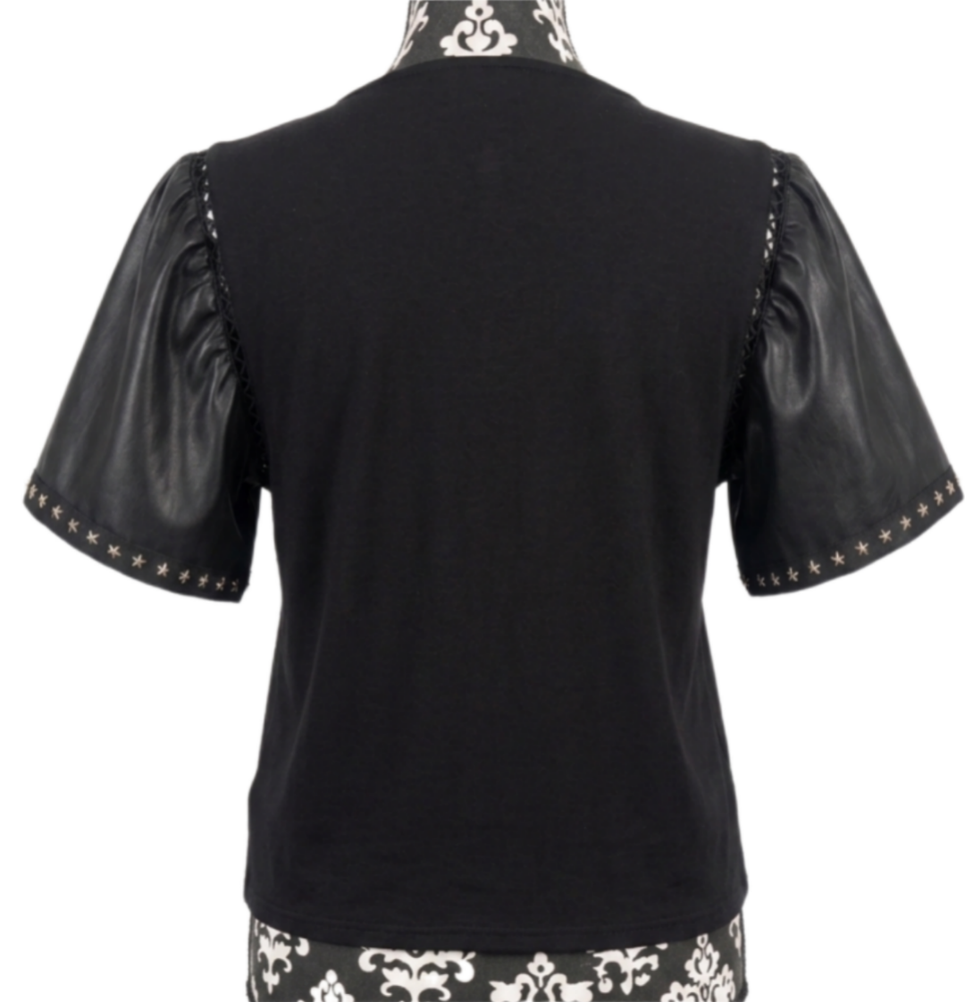 Womens BOWIE top with faux leather sleeves- size Large