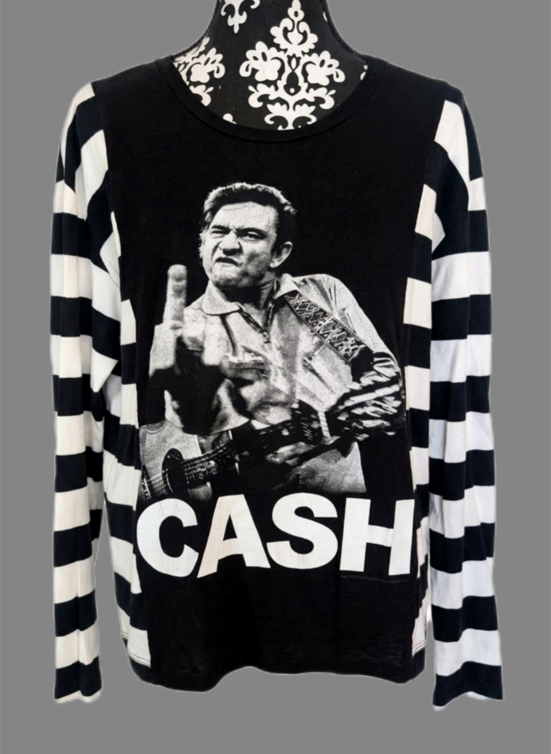 Johnny Cash with stripes shirt- size women's XL