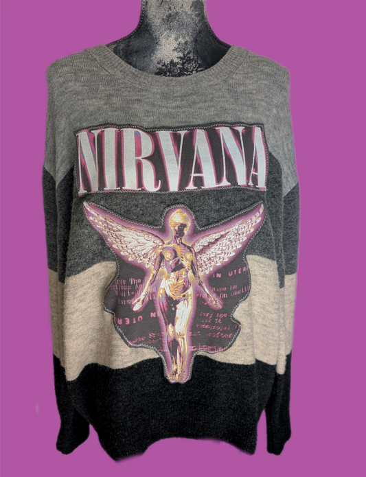 Upcycled super soft sweater with Nirvana- womens L