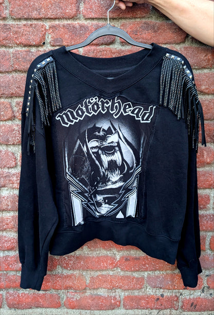 Womens Motörhead v neck sweatshirt with studded fringe - size Large