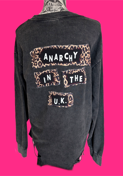 Women's upcycled/ reworked Sex Pistols top with chain and back lyrics- size L/XL