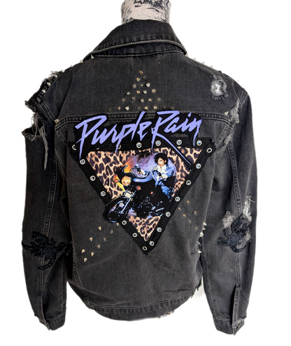 Gender neutral Purple Rain distressed and spiked charcoal denim- men's Small/ womens MEDIUM