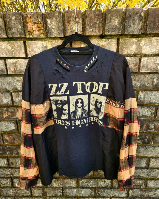 Upcycled ZZ Top tee/ flannel hybrid- size M-XL