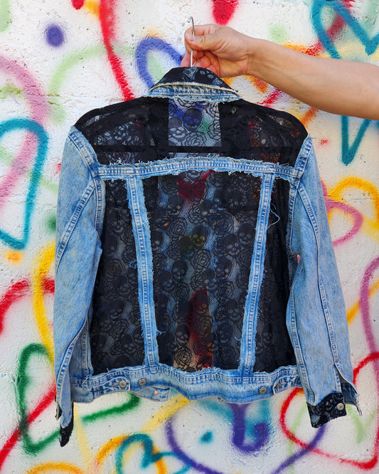 Womens skull lace panels denim jacket- size Large