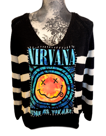 Womens striped Nirvana Come As You Are sweater- Medium