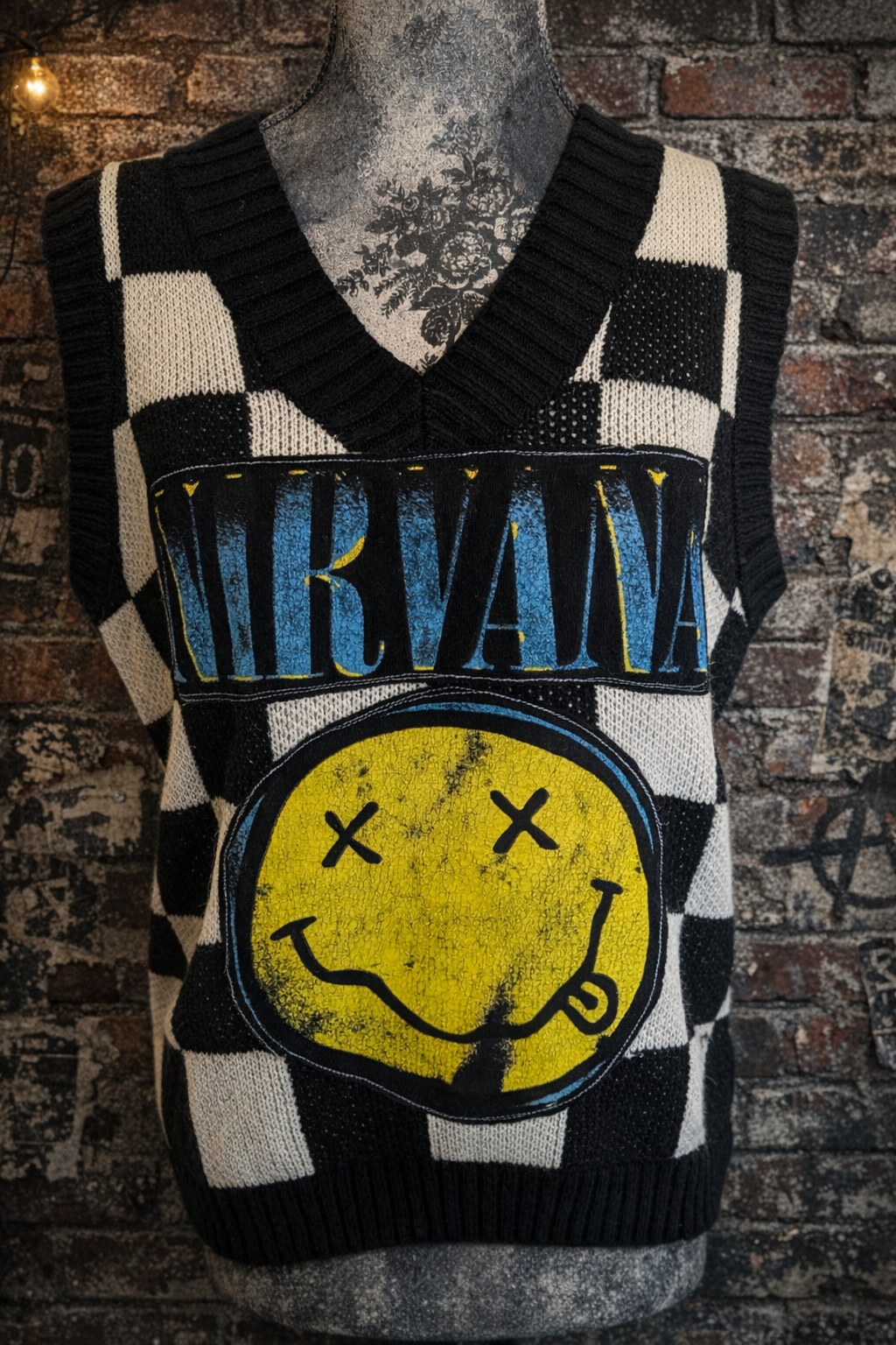 Womens checkered sweater vest with Nirvana- M/L