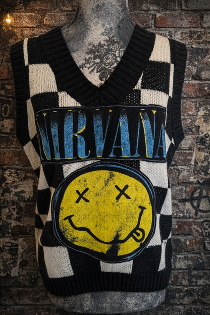 Womens checkered sweater vest with Nirvana- M/L
