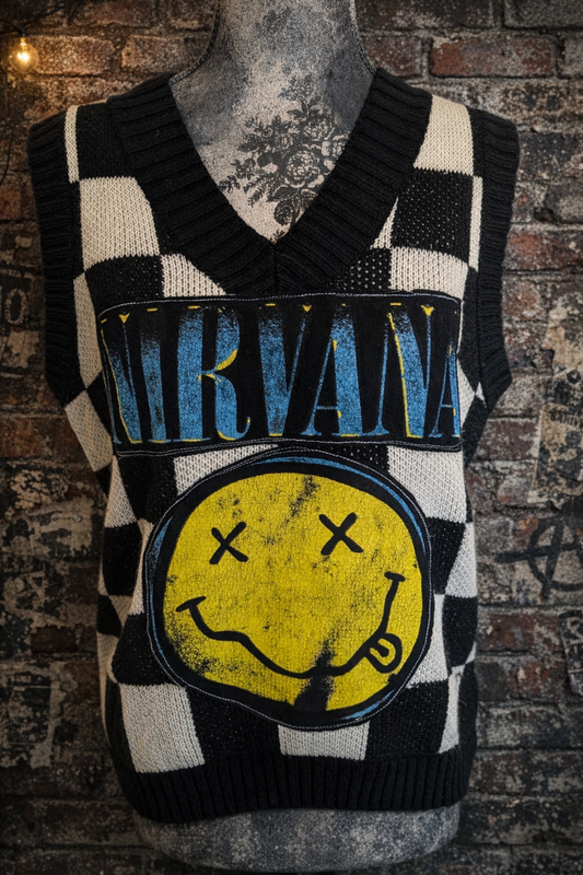 Womens checkered sweater vest with Nirvana- M/L