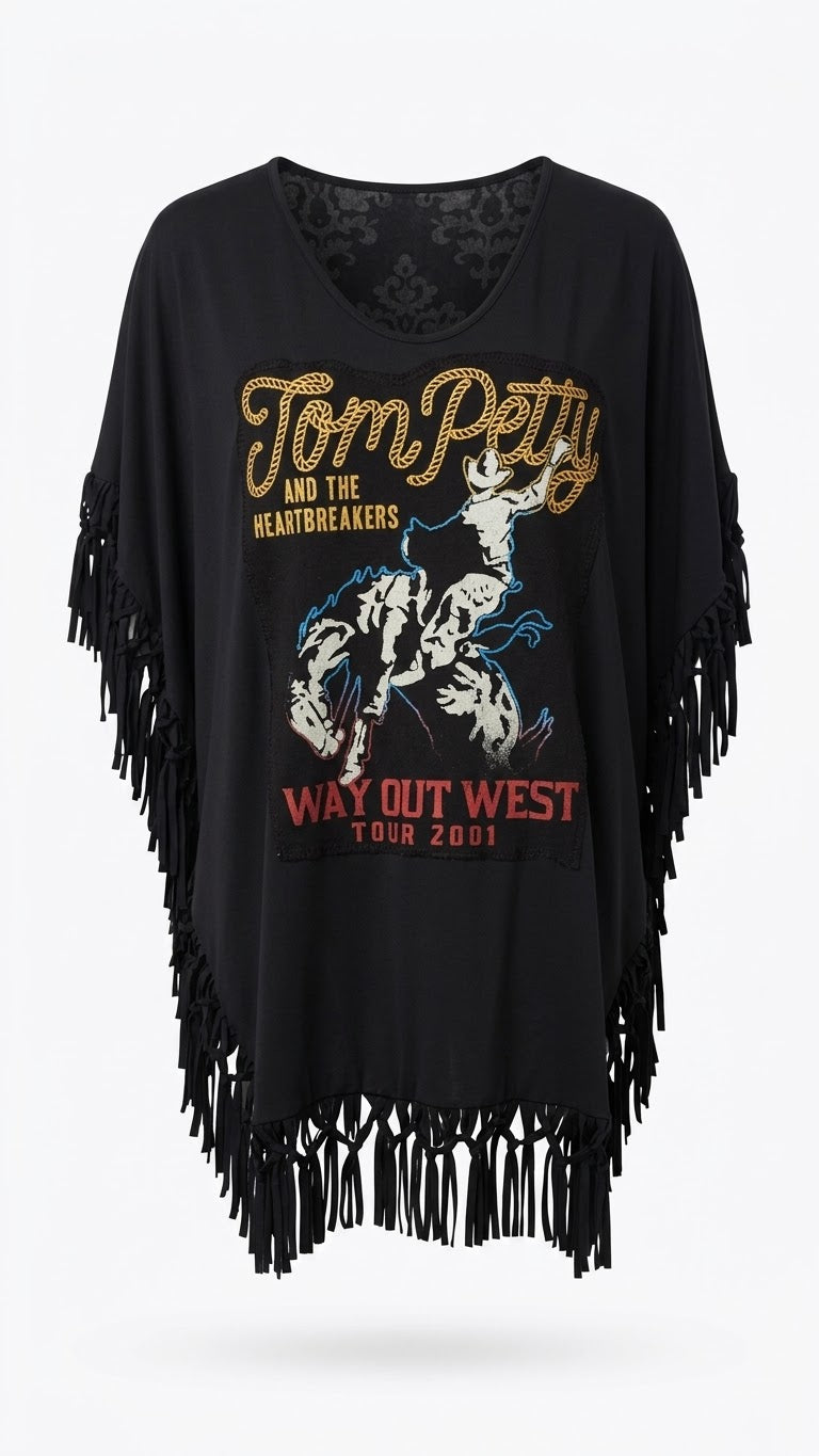 Womens TOM PETTY Way Out West fringed upcycled top- L/ XL fit