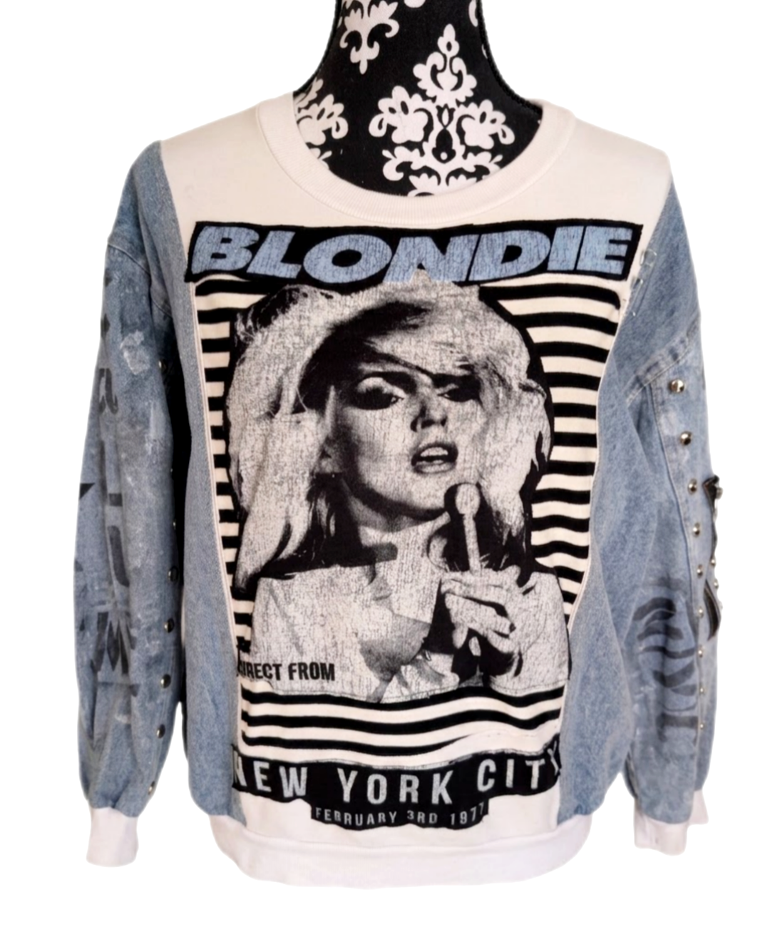 Womens BLONDIE sweater with denim sleeves - size MEDIUM