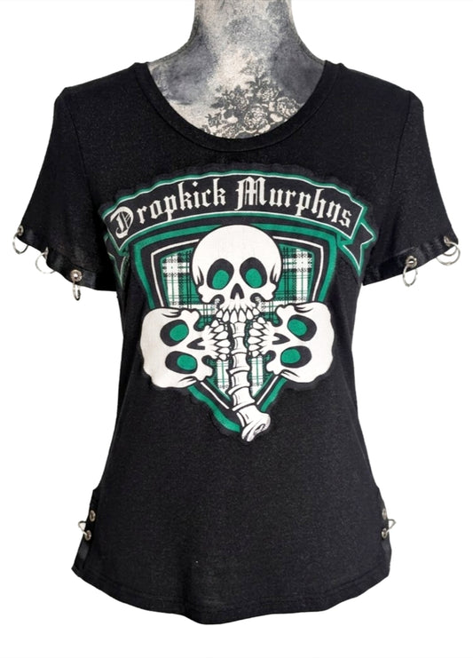Womens Upcycled DROPKICK MURPHYS top with silver rings- size S/ M