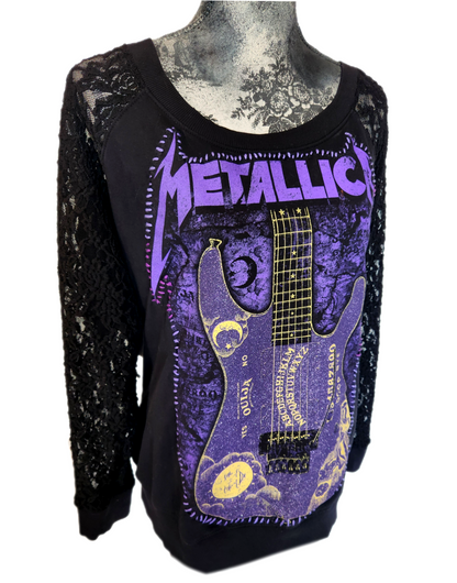 Womens reworked lace sleeve top with Metallica patch- size 1X