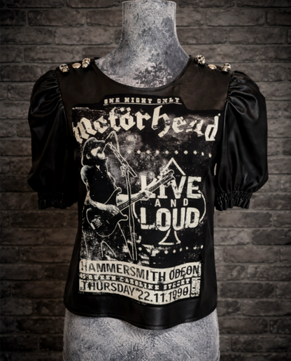 Womens faux leather stretch top with Motorhead -size Med