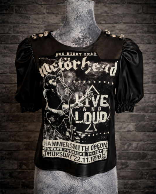 Womens faux leather stretch top with Motorhead -size Med