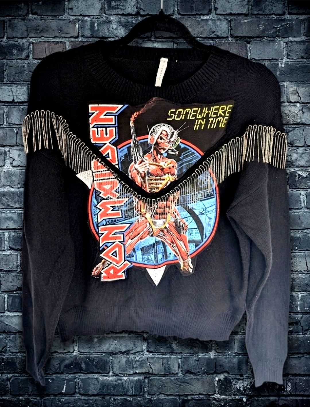 Womens Iron Maiden sweater with chain fringe- MEDIUM