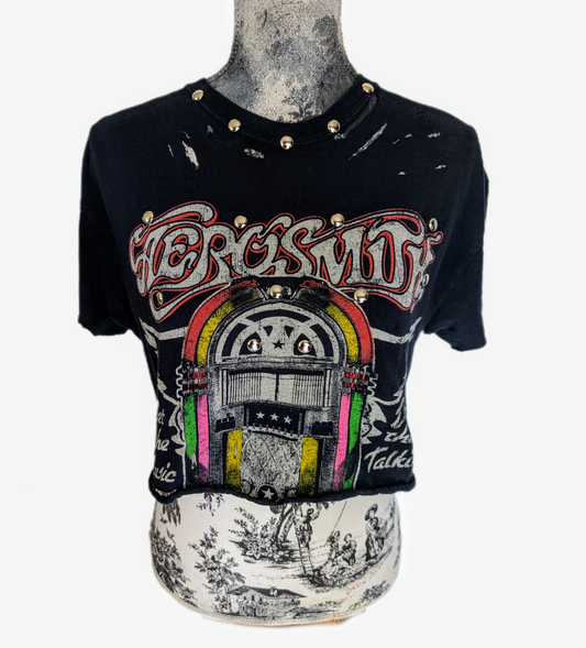 Womens cropped studded Aerosmith tee- size Small- Med