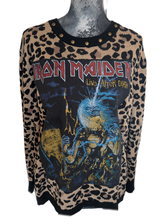Womens reworked leopard sweater with Iron Maiden - size womens XXL