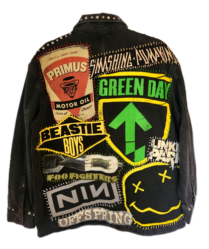 Gender neutrel studded denim 90s rock band collage jacket- womens L/ Mens Med