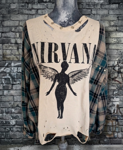 Womens reworked Nirvana tee,/ flannel hybrid- size XL