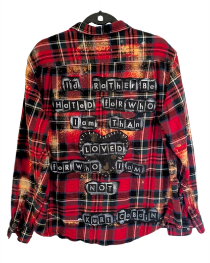 Gender neutral Kurt Cobain quote upcycled flannel- womens XL men's L